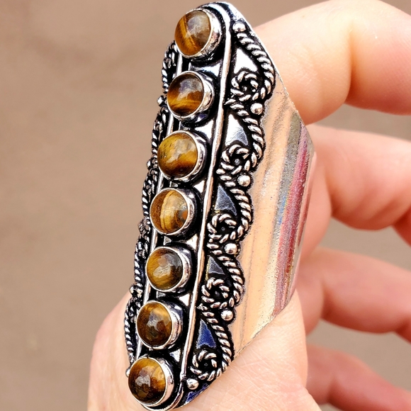 New 7 Stone Tiger Eye Adjustable Silver Statement Ring. - Picture 1 of 15